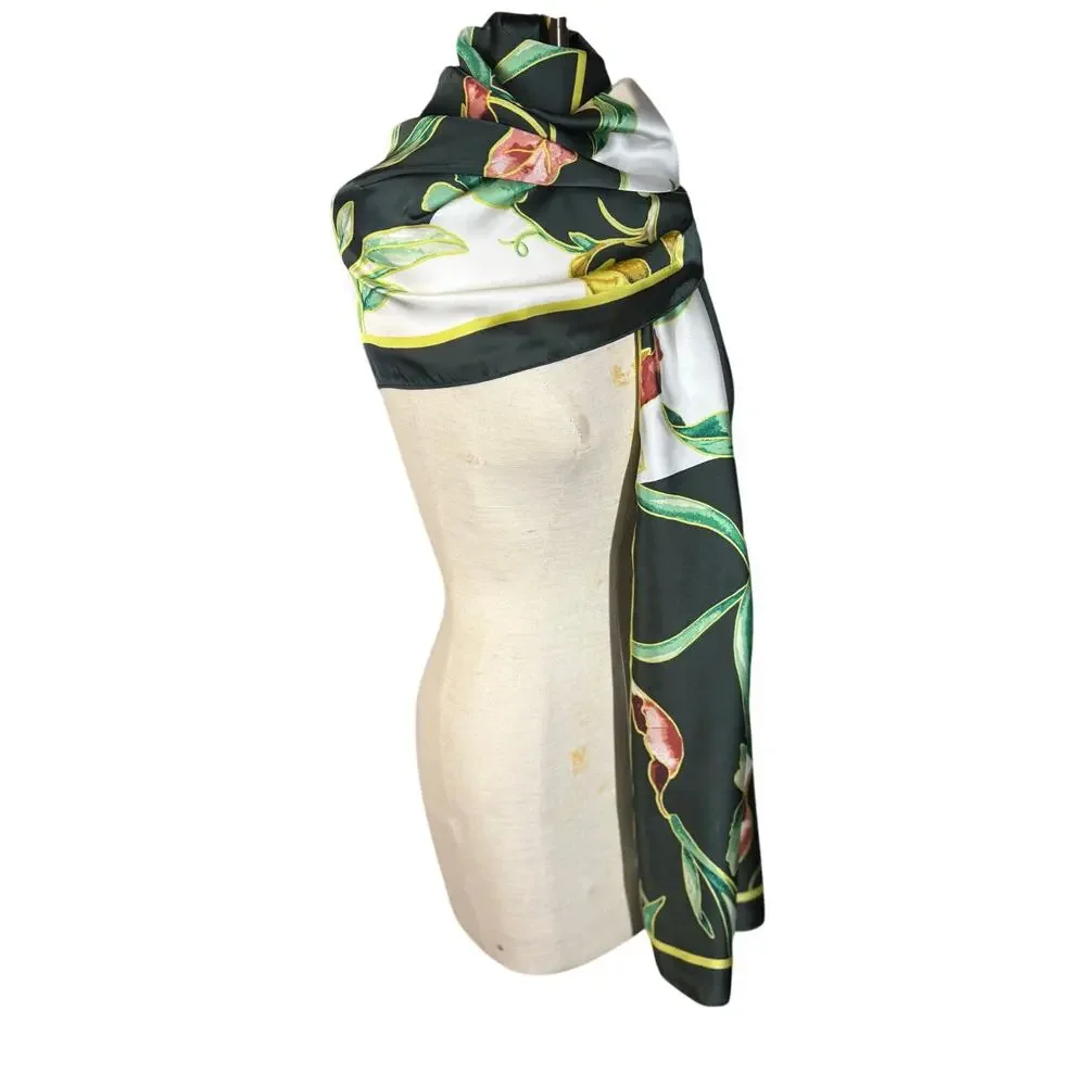 NWT White House Black Market Green‎ Floral Faux Silk Scarf Wrap Artsy Shawl